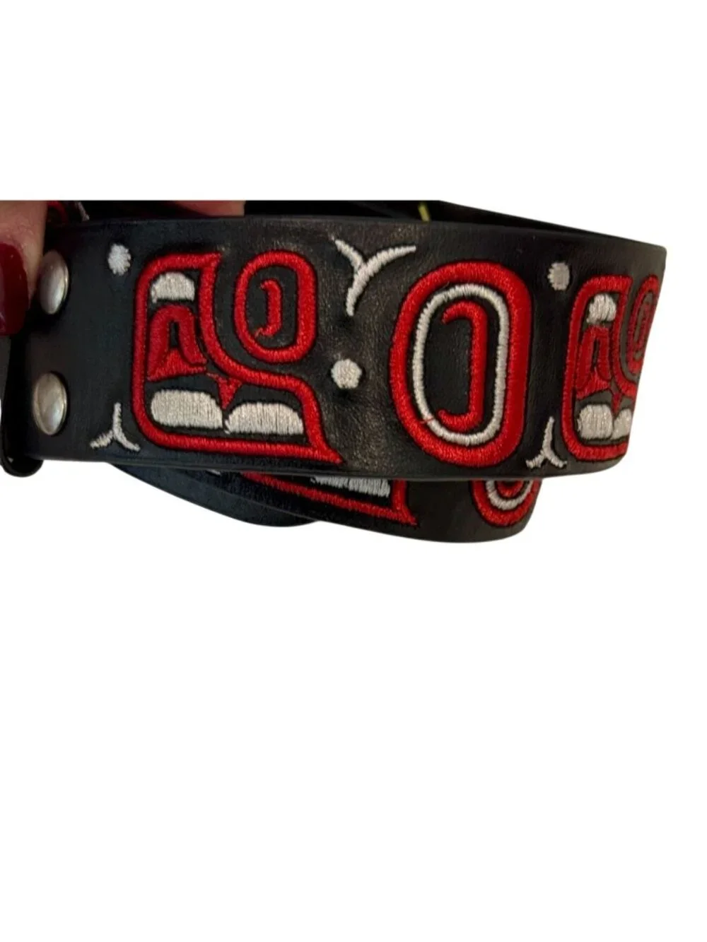 Ernest Swanson Formline Black Leather Belt with Northwest Native Design  38